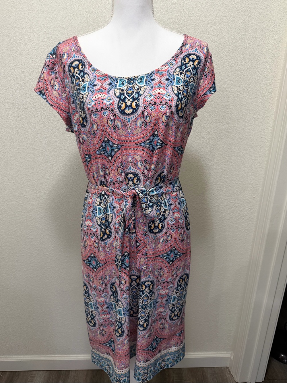 NY Collection blue and pink belted dress, med